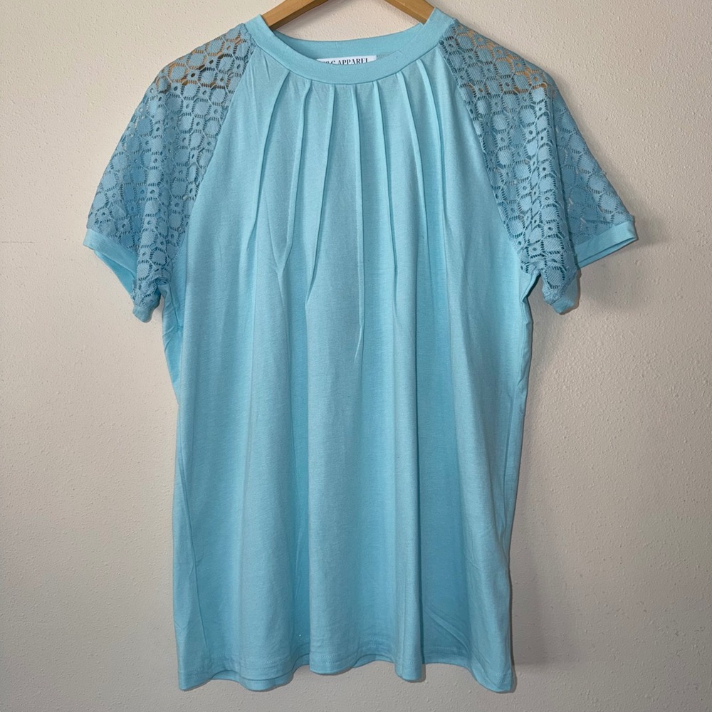 T&C Apparel Light Blue Lace Raglan Sleeve Pleated Neck Boutique Top XL
